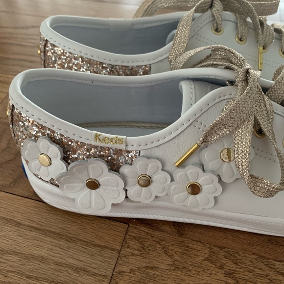 Keds Shoes - Keds Glittery White Sneakers with Floral Appliqué New!